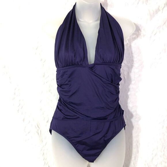Gap halter swimsuit one piece wrap ruched low cut medium EUC purple - Picture 1 of 12